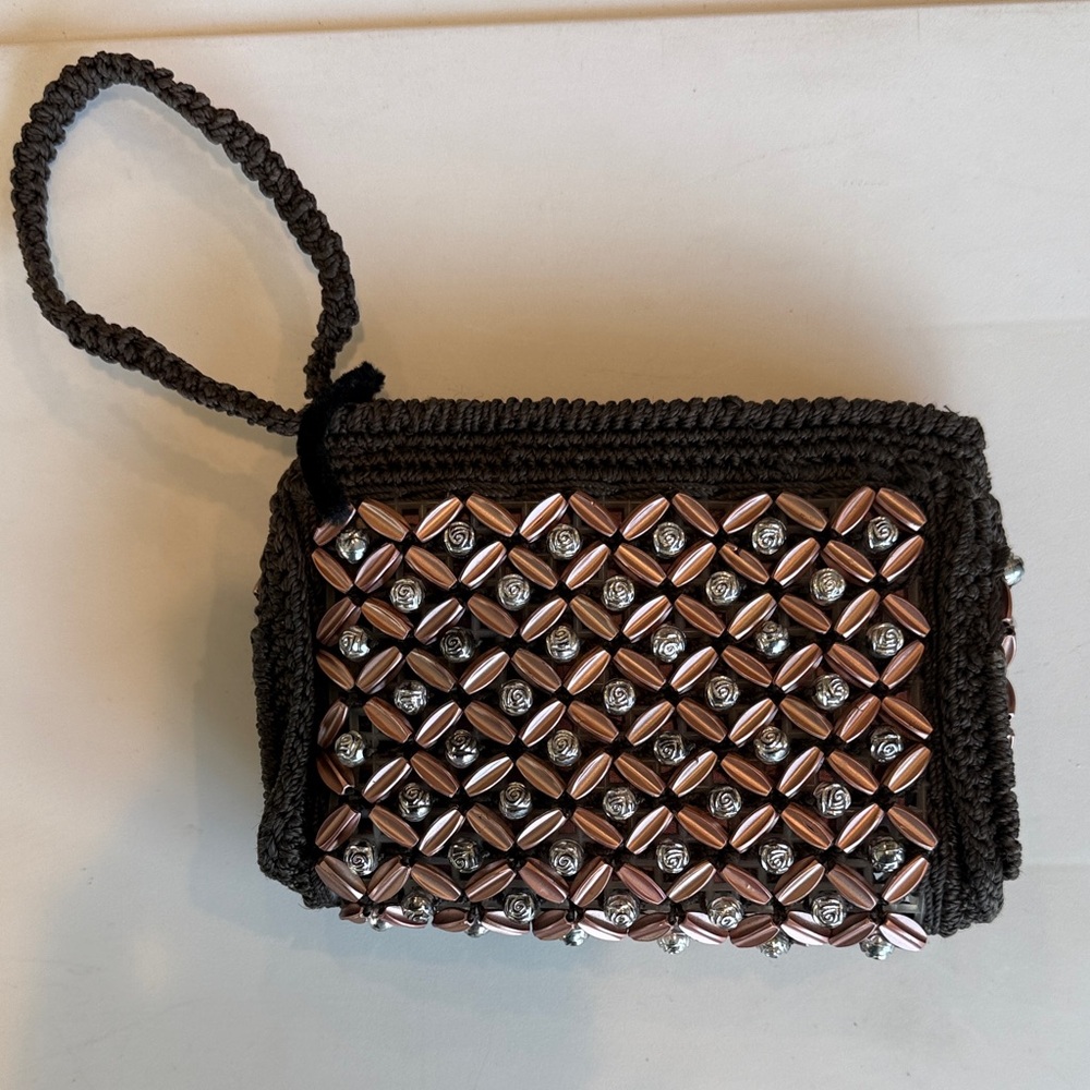 Handmade Beaded Black Wristlet Clutch with Rose-Gold Accents